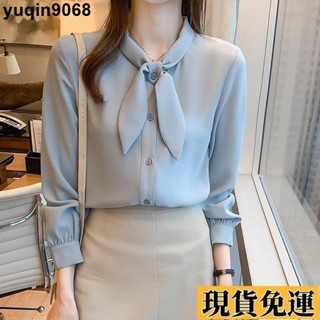 🌸限時免運🌸 長袖襯衫 白襯衫女 領結藍色襯衫女 洋氣長袖襯衣 2025春秋新款 復古港味設計感小眾上衣 上班襯衫