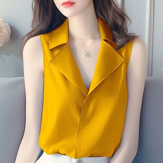 2025夏季新款無袖背心寬鬆雪紡衫女西裝領時尚襯衫韓版百搭上衣女 短袖衣服 夏季襯衫 短袖襯衫 雪紡襯衫 無袖背心