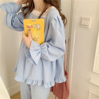 簡單美 韓版ins春秋季新款睡衣 女長袖長褲蕾絲花邊休閑可外穿家居服套裝 睡衣套裝