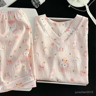 🙆‍♀️【夏天睡衣】🥰【9537人好評】甜美睡衣夏季雲朵棉短袖短褲少女V領睡衣夏天女可外穿家居服套裝 QHVY