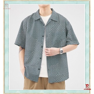 【小七優選】【M-4XL】2025夏季新款高階美式復古3D泡泡肌理古巴領碎花短袖襯衫男 寬鬆大尺碼休閒涼感上衣夏威夷風度