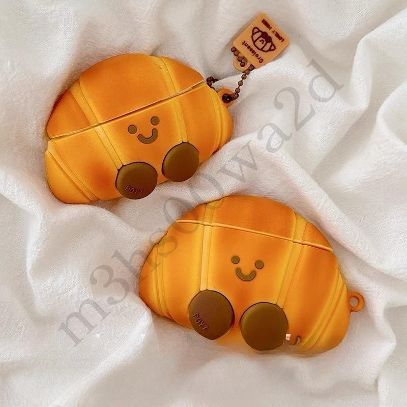 可愛卡通 牛角包表情 耳機套 Airpods pro 4代 防摔保護套 3代耳機殼 1/2代 4代耳機保護殼