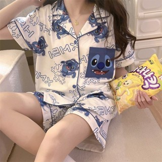 寶藏大店鋪 甜美睡衣套裝💕 卡通史迪仔睡衣女夏季新款ins風日系可愛薄款外穿短袖家居服 家居服 家居服套裝 居家服套裝