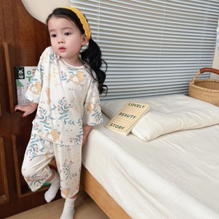 兒童睡衣 寶寶睡衣 寶寶夏季舒彈家居服薄款女童七分透氣孔睡衣套裝兒童柔軟男童空調 女童 套裝 睡衣