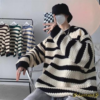 ✨Fancern✨ 臺灣出貨 帥港風大碼長袖毛衣胖子男秋冬條紋簡約寬鬆青少年潮流百搭上衣