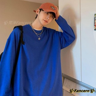 ✨Fancern✨ 臺灣出貨 純棉長袖t恤男春秋季潮牌ins休閒寬鬆純色上衣港風潮流百搭打底衫