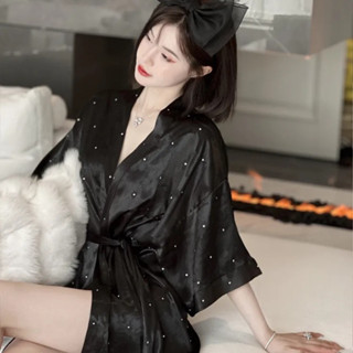 浴袍 浴衣 睡袍 居家服 維多利純色重磅鑽優雅睡袍氣質輕奢單袍睡衣高階套裝家居服 QOCR