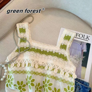 [Green Forest]方領鏤空鉤花針織吊帶背心夏季新款民族風小個子外穿無袖短款上衣度假風