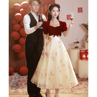 ❤️爆款❤️大碼敬酒服新娘紗裙小個子法式宮廷風訂婚禮服女春夏酒紅色連衣裙