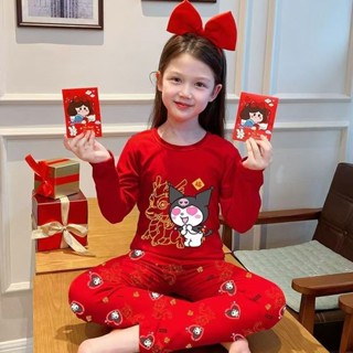 💯臺灣低價💯【滌綸材質】兒童睡衣女童內衣套裝紅色德絨套裝女童秋衣褲打底衫套裝