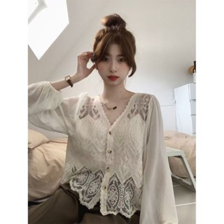 臺灣熱賣【45%迴購率】春季新款韓版長袖甜美溫柔上衣網紅超ins氣質鏤空蕾絲洋氣雪紡衫