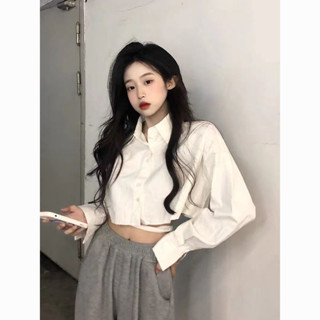『免✨運+快✨出』甜酷辣妹長袖白色襯衫 女秋季新款小個子時尚寬鬆百搭短版上衣