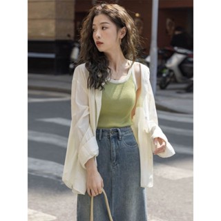 長袖襯衫 防曬襯衫 女生襯衫 韓版襯衫 薄襯衫 夏季襯衫 休閒襯衫 杏色防曬襯衫上衣女夏季小眾長袖外穿薄款休閒襯衣外套