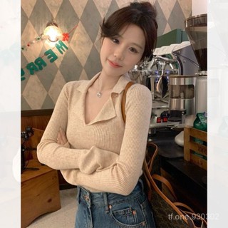 優優優品💞💞࿐推薦【1652人收藏】POLO領長袖針織衫女2025年早秋新款修身內搭薄款翻領打底衫上衣潮