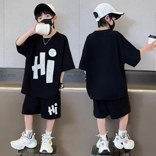 男童短袖套裝 大童套裝 兒童衣服 運動上衣 短袖T恤 五分短褲 時尚兩件套 2025夏季新款 中大童休閒套裝 X6