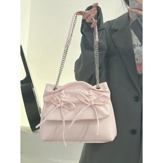 【SK新品】4-16斜揹包 韓版小眾設計芭蕾風蝴蝶結託特包女新款大容量褶皺鏈條單肩斜挎包 日係帆布袋 多巴胺包包 手提包