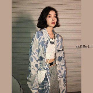 外套ins潮🥙 春夏藍色扎染花襯衫寬松顯瘦防曬外套港風復古薄款上衣男女情侶潮