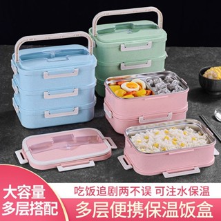 304不銹鋼保溫飯盒多層便噹盒學生飯盒加厚大容量3層餐盒小麥稭稈