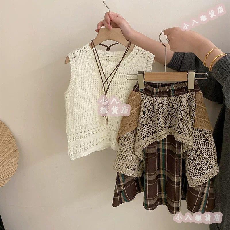 小八🌸女童夏裝套裝2025新款中大兒童針織背心女孩夏季格子半身裙兩件套