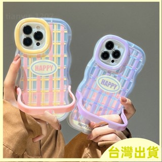波浪隱形支架 HAPPY英文格紋鐳射手機殼 適用於iPhone14 13 12 11 pro max xsmax xr漸