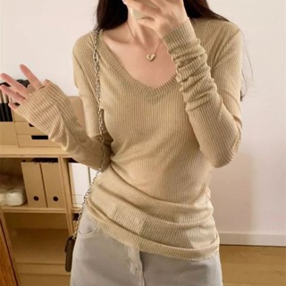 🟠ViVi SHOP🟠 V領針織防曬長袖T恤女春夏新款美式修身微透辣妹罩衫純慾上衣