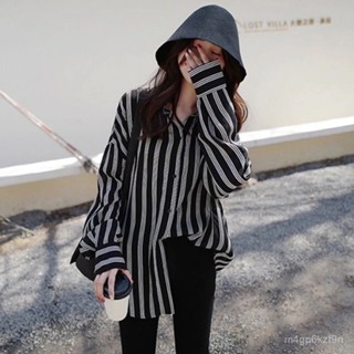 雪紡襯衫 打底衫 女生休閒襯衫 黑白豎條紋襯衫女長袖寬鬆JK製服雪紡上衣洋氣最新款防曬衣夏季薄