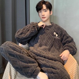【XIU】 ™男士珊瑚絨套頭睡衣秋冬季加厚加絨長袖法蘭絨帥氣家居服套裝冬天 加絨睡衣