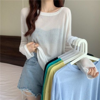 taoye♡ | 夏季新款百搭純色寬鬆圓領長袖冰絲防曬T恤打底衫女韓版修身上衣