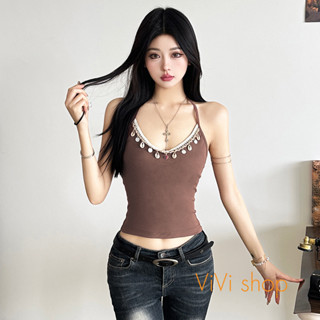 🟠ViVi SHOP🟠 美式複古貝殻吊墜蕾絲拚接棕色小背心女修身顯瘦辣妹上衣