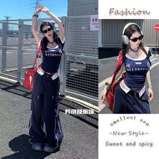 ⭐美式短袖⭐【店鋪熱銷】超火美式運動套裝女夏季新款辣妹修身顯瘦短袖T恤休閒長褲兩件套 性感顯瘦 短袖T恤 顯瘦T恤 上衣
