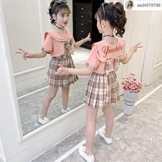 時尚洋氣時髦風女童夏季套裝2024新款中大童jk制服短袖上衣百褶裙子兩件套