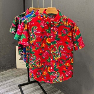 阿豹💥中國風男裝東北大花網紅襯衫短袖夏季寬松大碼打底寸衣花衣服襯衫男生上衣
