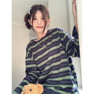 【免運24-H】秋季慵懶風寬鬆休閒撞色條紋T恤女學生2025春季圓領打底衫長袖上衣潮