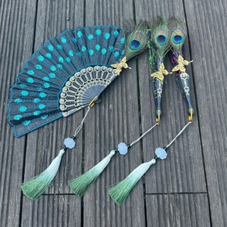 🎀畢業季特惠🎀扇子【1273人】孔雀羽毛摺扇刺繡黑桿亮片扇子跳舞詠春漢服古風摺扇孔雀舞錶演扇石頭生活館