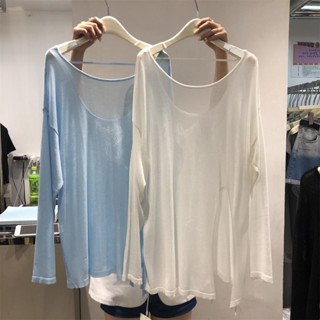 免運出貨👗短版上衣 韓版夏季胖mm200斤寬鬆大尺碼顯瘦圓領露背薄款微透開衩長袖防曬罩衫潮 上衣女 女生衣服 T恤 短