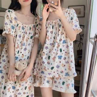 臺灣出貨 夏季睡衣女【睡裙+套裝】雲朵棉睡衣夏天女卡通閨蜜裝可外穿可愛家居服 居家服睡衣套裝 連身睡裙 性感睡衣