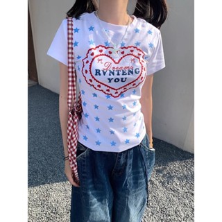 【RogueCell】夏季爆款🔥 短袖上衣 【店鋪熱銷】通懃夏季美式辣妹愛心星星滿印短袖T恤女正肩顯瘦修身收腰上衣女