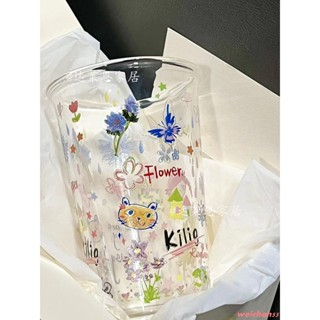新品特惠💖學生朋友禮物收藏】可愛個性塗鴉印花吸管玻璃杯新款杯子ins高顏值咖啡杯玻璃水杯子