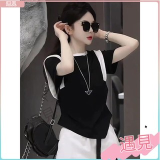 遇見💕夏季新款韓版氣質高級顯瘦小眾撞色時尚不規則短袖上衣T恤女Summer休閒夏季女T恤短袖白色透氣薄款熱銷款韓風