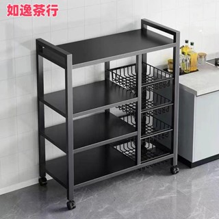 ⭕如逸茶行⭕可移動廚房置物架廚房收納置物架微波爐架廚房收納架儲物架收納層架附輪廚房架廚房鐵架 雙色任選附菜籃子置物架廚房
