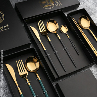 🌟24H+臺灣出貨✨Q刀叉禮盒裝 不銹鋼亮光鏡麵葡萄牙餐具鈦金勺子黑金勺筷餐具套裝