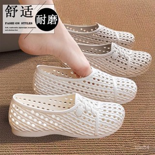 🔥臺灣出貨⭐️夏季女鏤空塑膠涼鞋防滑軟底白色護士工作鞋平底鞋一腳蹬洞洞涼鞋 WKNI