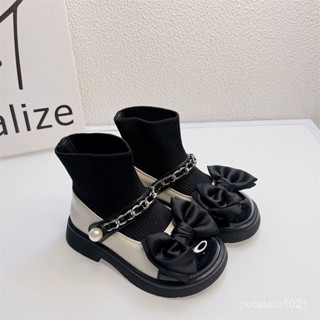 ✨波比童裝✨兒童福樂鞋【女】 2023春秋彈力襪子口小女孩可愛蝴蝶結公主靴韓版亮皮女童鞋子皮靴/軟底鞋/休閒鞋 3JXO