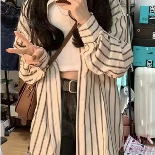 【花仙兒】條紋襯衫外套女夏季2023新款韓系設計感小眾薄款防曬開襟長袖上衣洋裝 上衣罩衫長袖 t恤女薄長袖女風衣外套涼