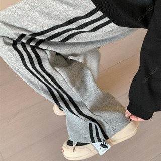 🔥臺灣發貨🔥免運灰色運動褲女春秋2025美式新款寬鬆休閒條紋直筒衛褲小個子闊腿褲