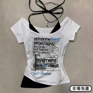 ⭐️24H出貨⭐️純棉美式複古Vintage掛脖短袖T恤女夏季設計感小眾假倆件短款上衣限時下殺
