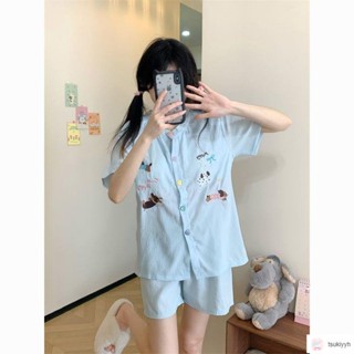 臺灣出貨🔥Aurie✨可愛少女臘腸狗睡衣女款夏季新款短袖短褲卡通趣味印花家居服套裝
