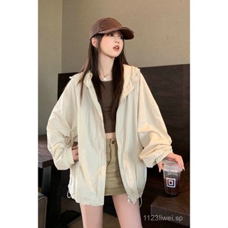 【默默優選店】春夏季鹽係休閒抽繩防曬衣外套女2025新款寬鬆中長款連帽運動上衣
