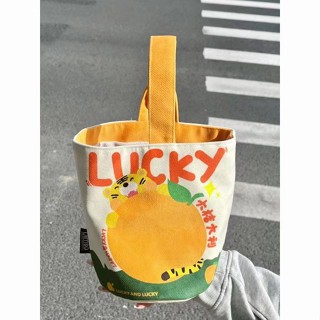 ✨繁花✨ INS簡約風便當袋 保溫保冷兩用 手提午餐包 防水大容量收納便當包新款帆布包水桶包大桔大利印花隨身小手提包媽咪