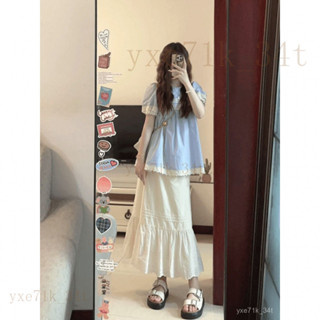 【臺灣出貨】🍋今日ootd 韓係一整套 懶人穿搭 套裝女 夏日甜美日係減齡蕾絲花邊套裝半身裙女泡泡袖襯衫上衣長裙兩件套